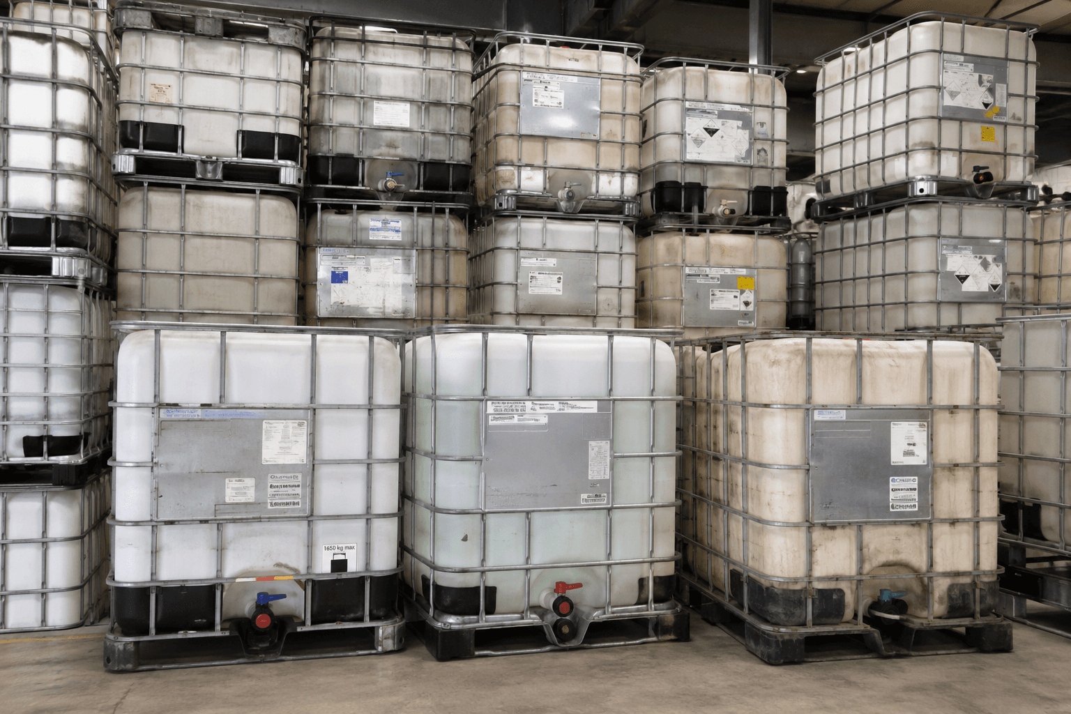 Stacked IBC totes staged for reuse and material recovery