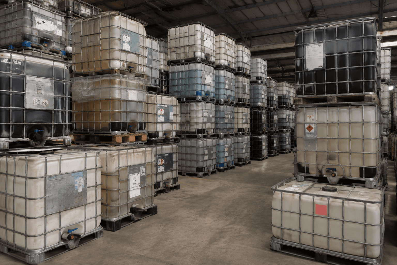 Used IBC totes awaiting reconditioning in the warehouse