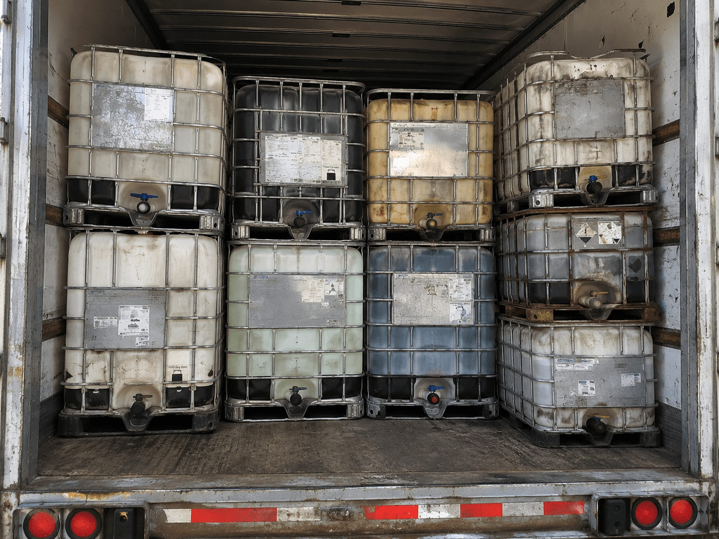 A truck loaded with used IBC totes to sell