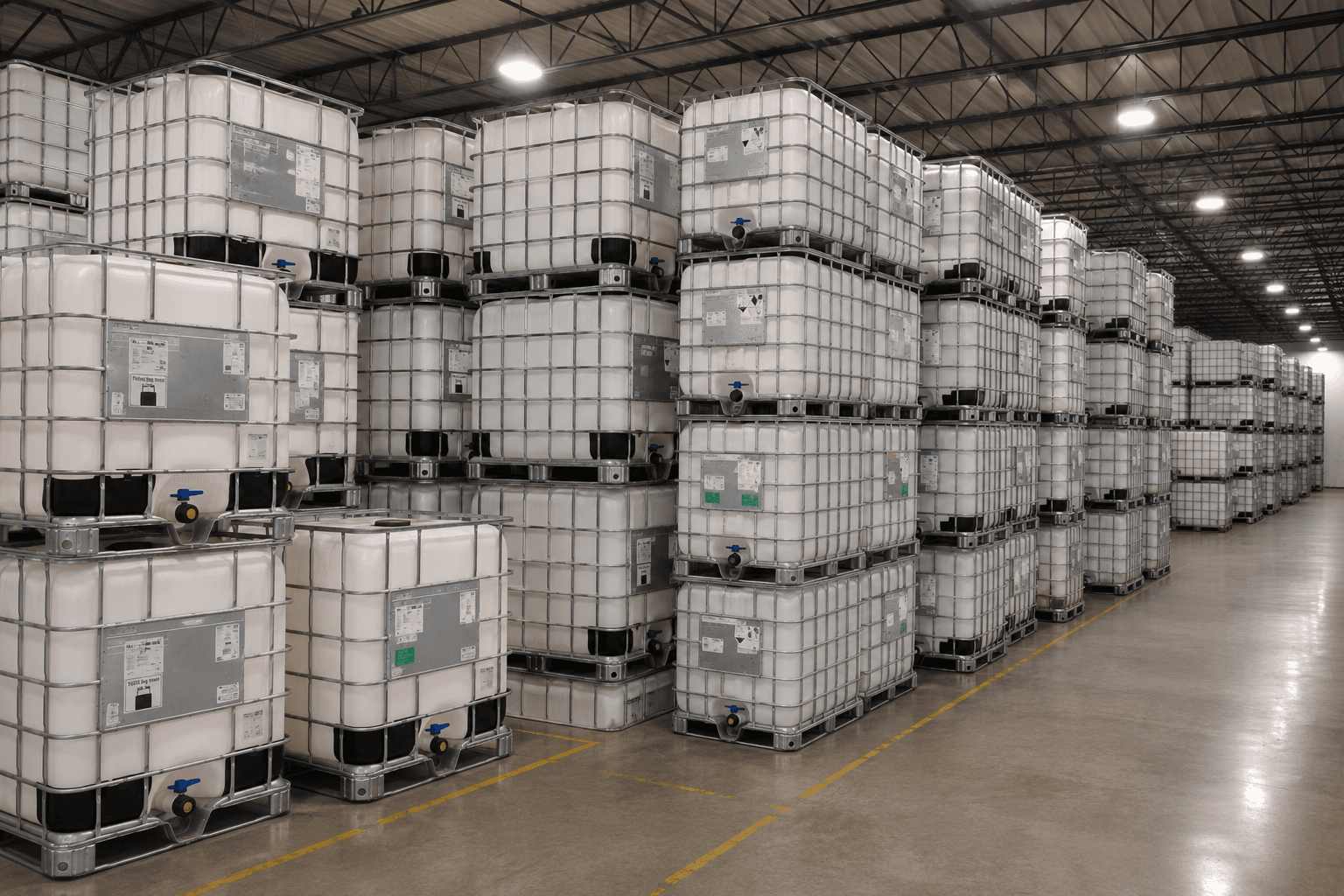 IBC totes secured on a flatbed truck for Midwest delivery