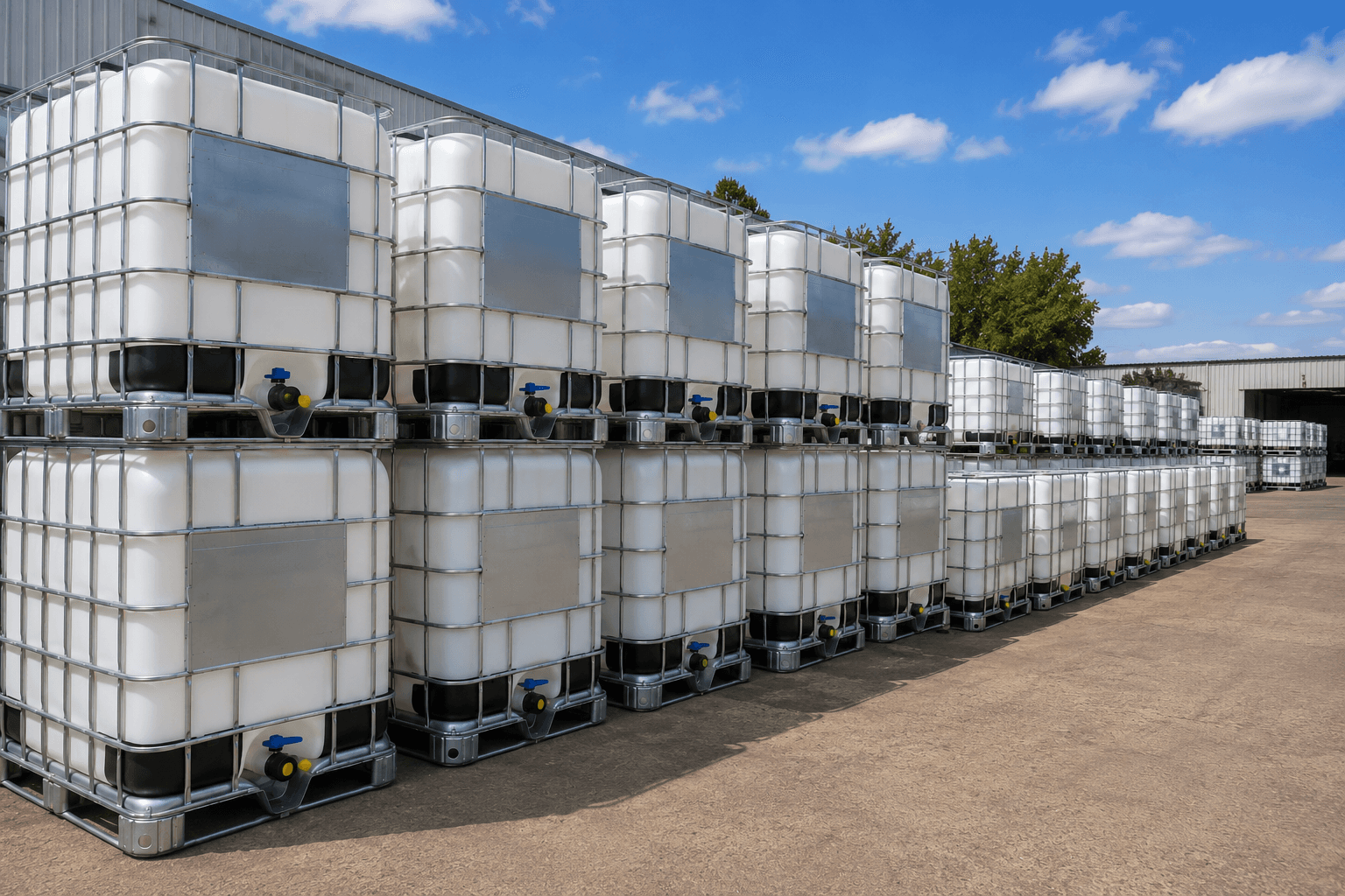 New white IBC totes lined up ready to buy